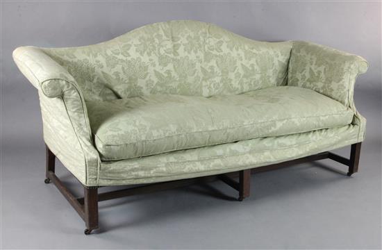 A George III mahogany camel back scroll arm settee, 7ft. D.2ft8in. H.3ft1in.